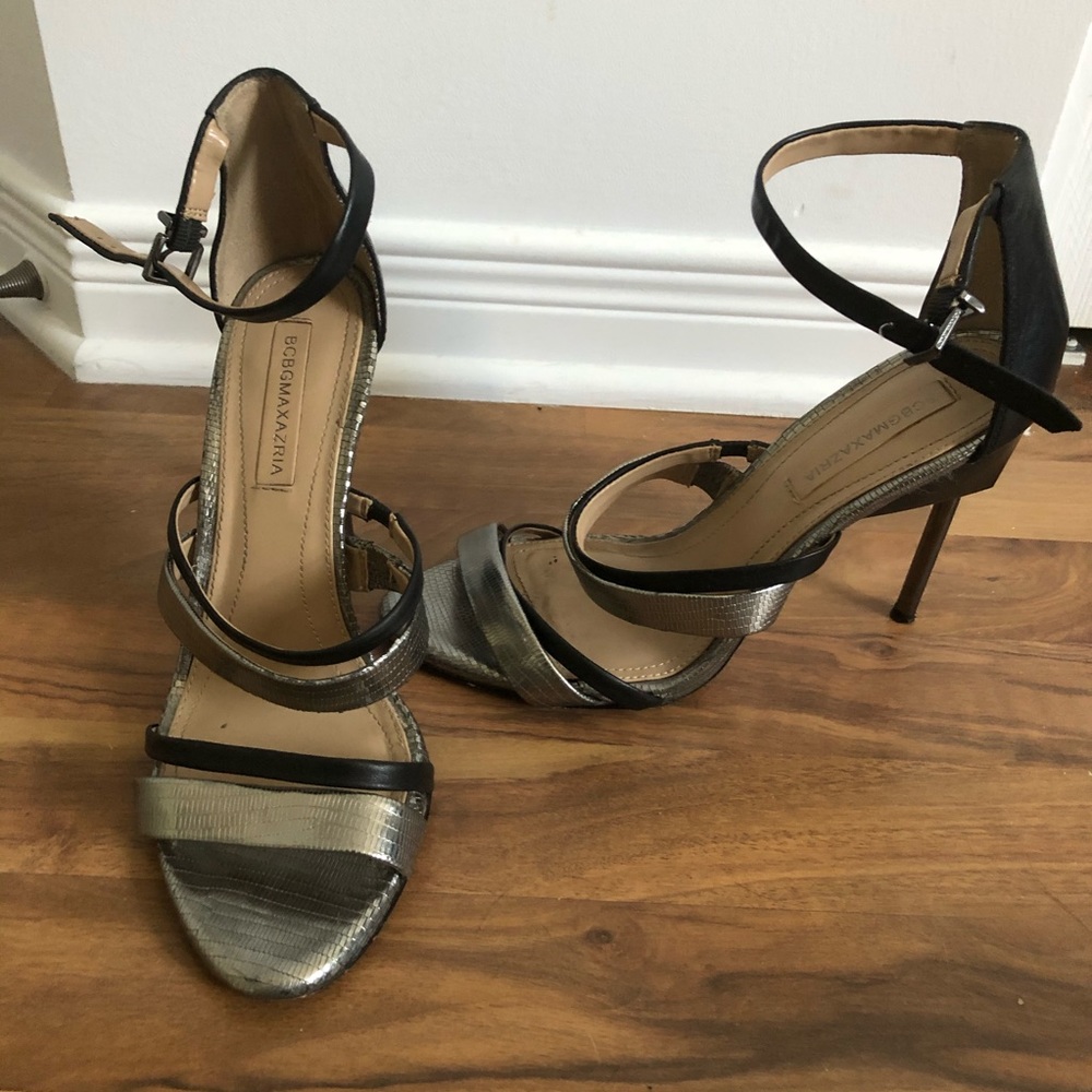 Silver and black BCGB MaxAzria high heels sandals
